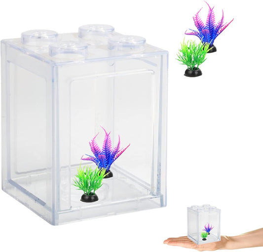 Small Fish Tank, Mini Betta Fish Tank Stackable Cube Tank with Fish Tank Decor, Ant Feeding Case Mini Reptile Row Box (Clear)